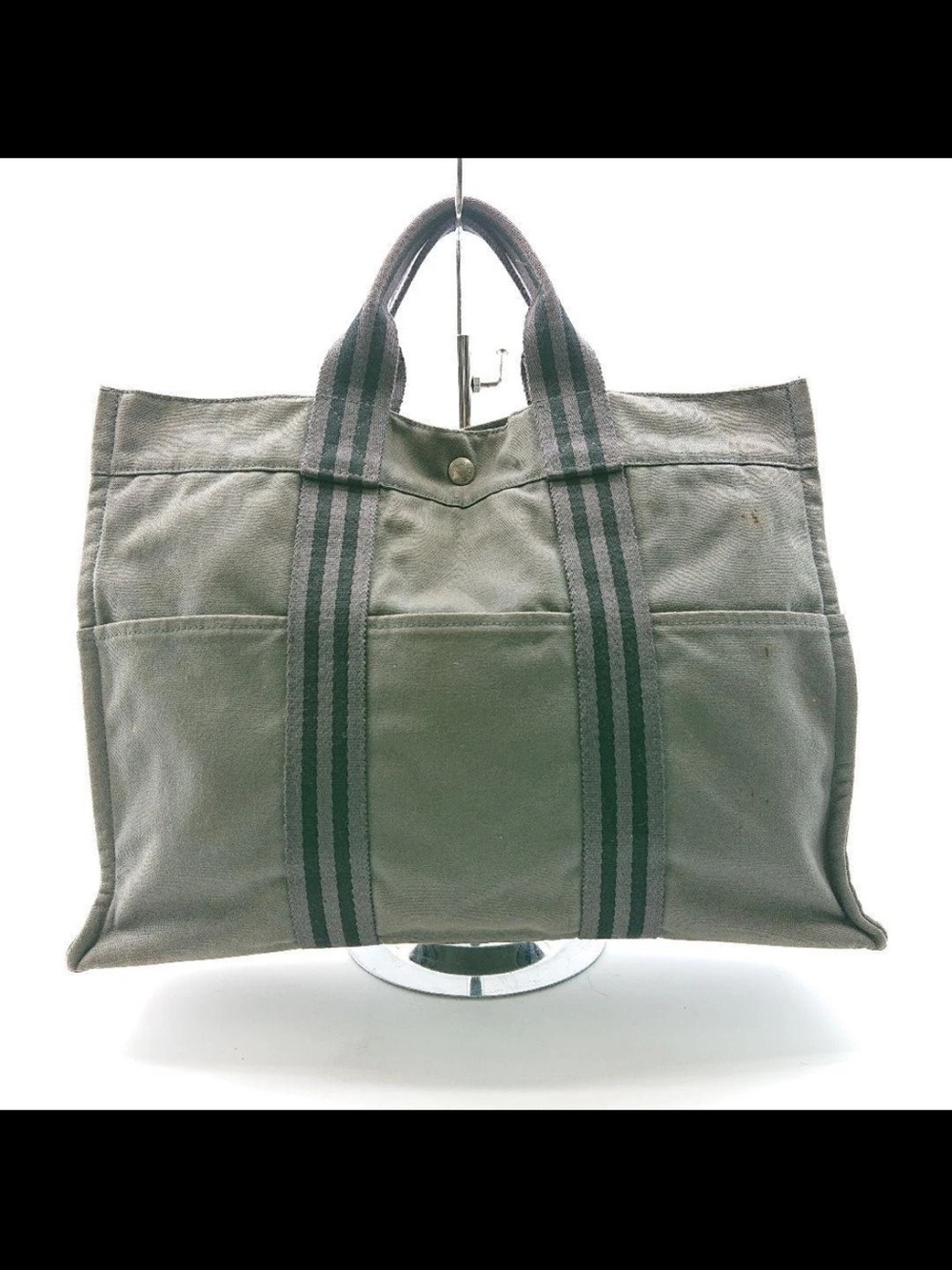 Hermes Olive Green Canvas Tote with Dark Green Striped Handles